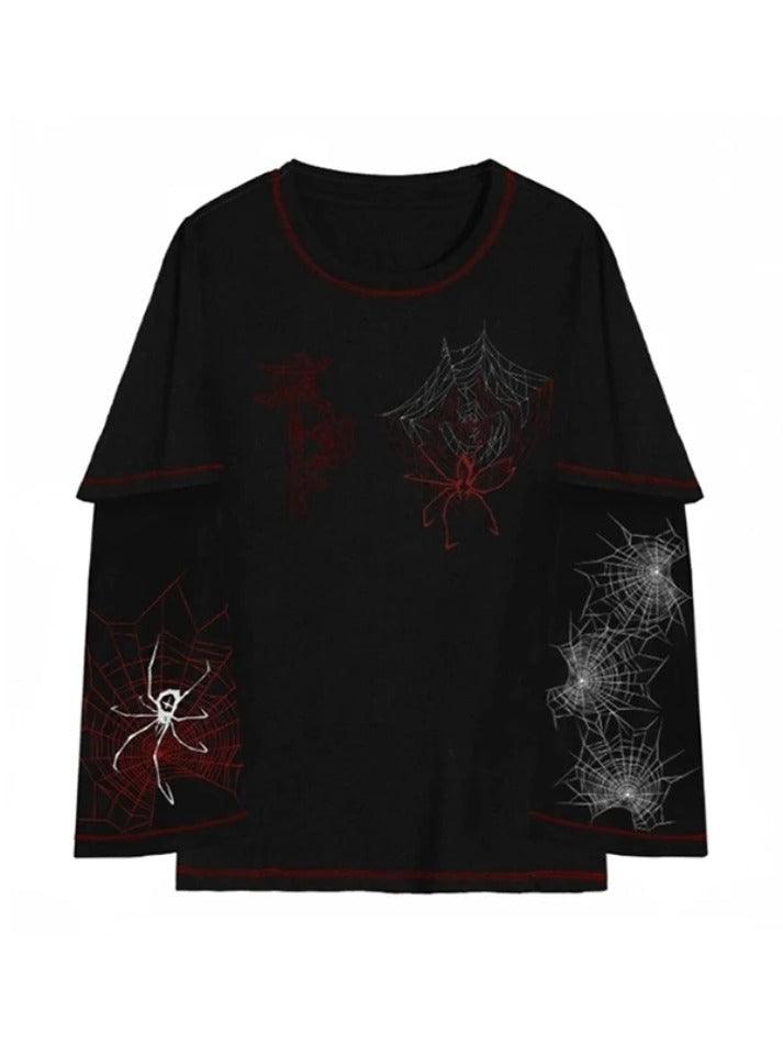 Spider Web Print Stitch Detail Oversized Long Sleeve Tee - AnotherChill