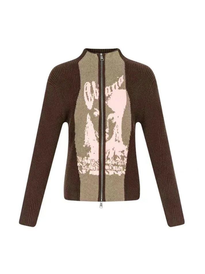 Vintage Abstract Print Contrast Color Patch Cardigan - AnotherChill