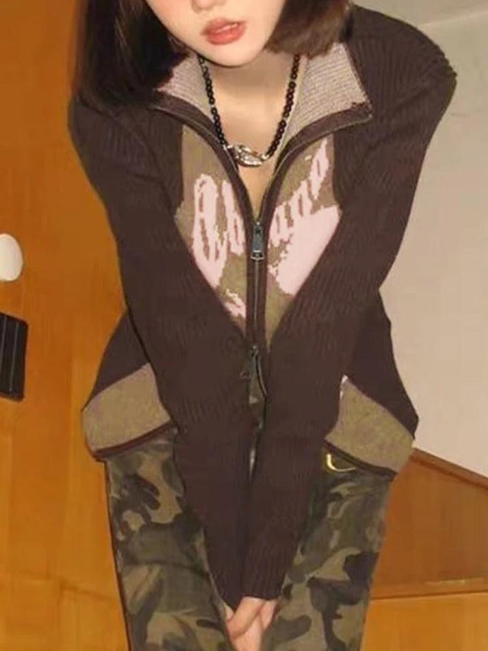 Vintage Abstract Print Contrast Color Patch Cardigan - AnotherChill