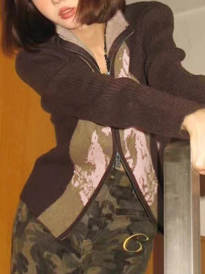 Vintage Abstract Print Contrast Color Patch Cardigan - AnotherChill