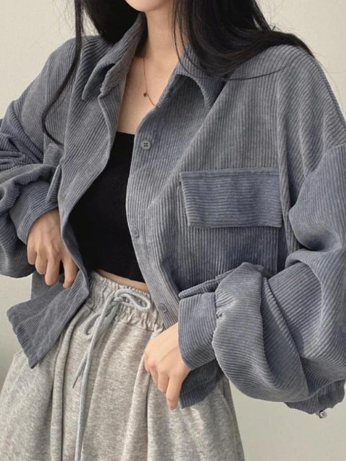 Vintage Corduroy Lapel Neck Button Long Sleeve Blouse - AnotherChill